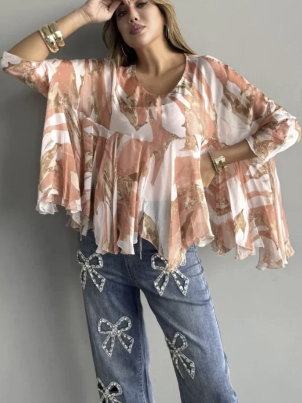 NT by Amati Boho Sheer Chiffon Silk Print Blouse Size One Size